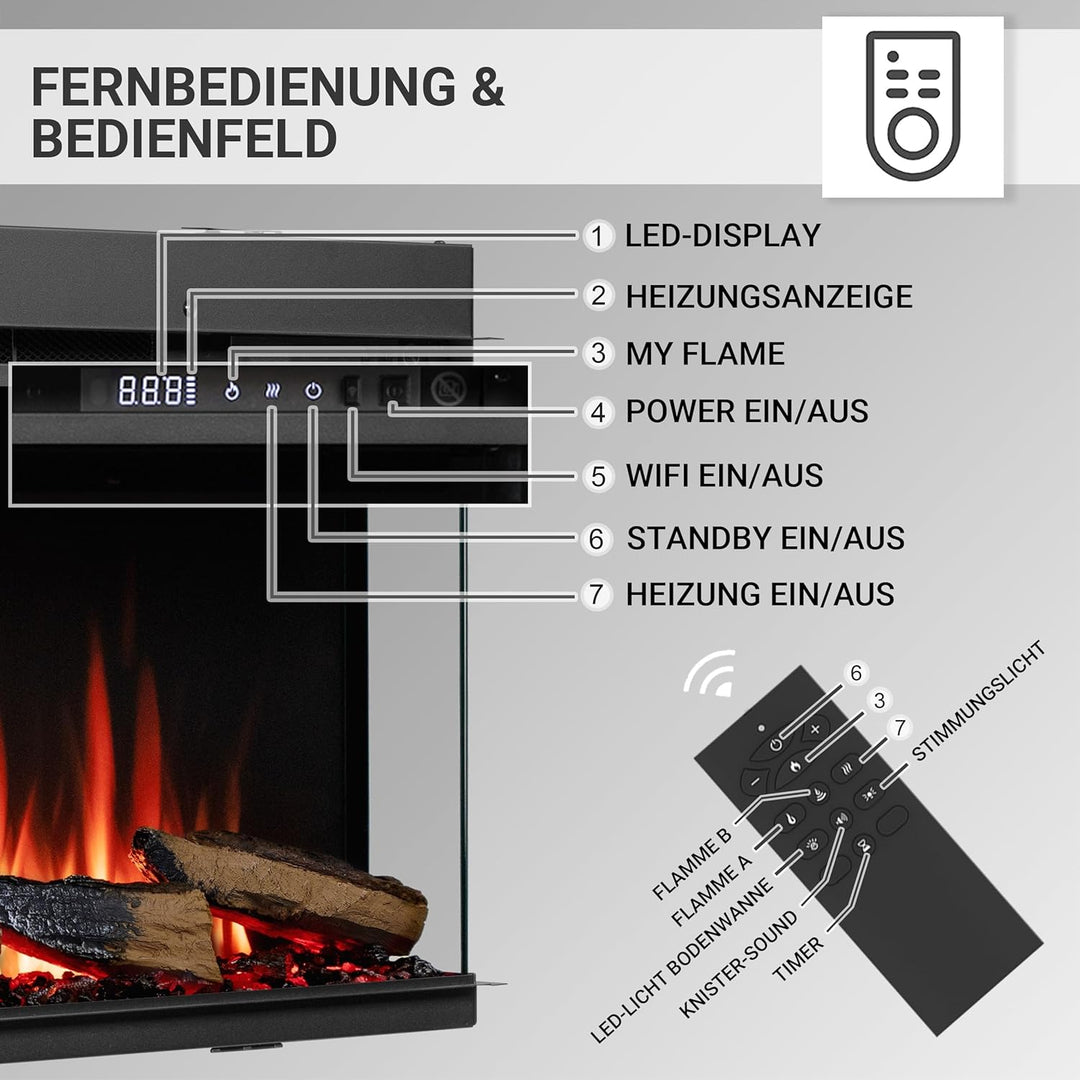 CrownFlame Athena 36" Elektrokamin - Elektrischer Einbaukamin mit Heizung - realistischer 3D-Flammen