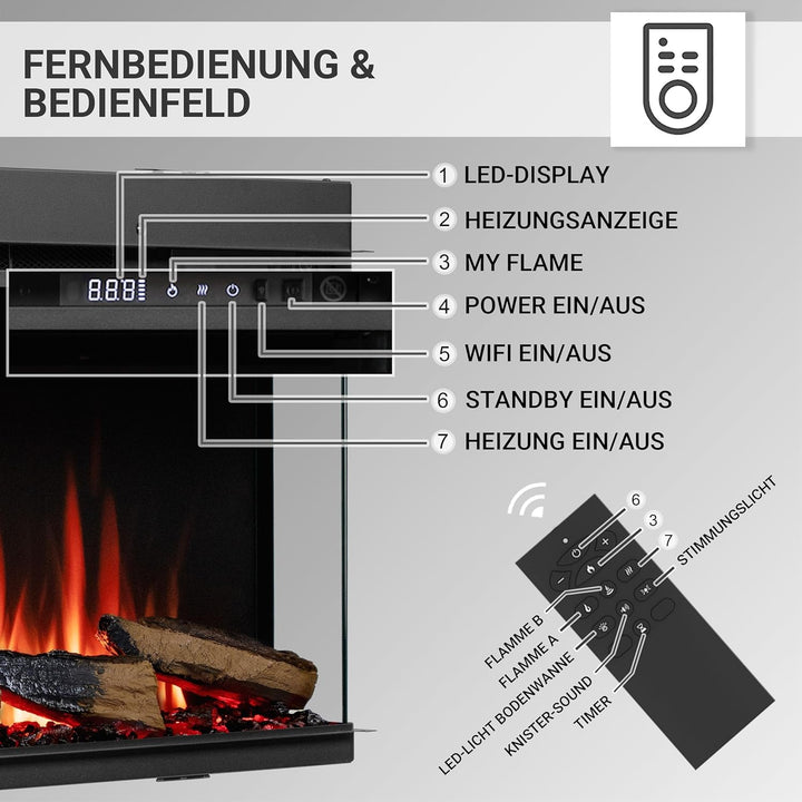CrownFlame Athena 36" Elektrokamin - Elektrischer Einbaukamin mit Heizung - realistischer 3D-Flammen