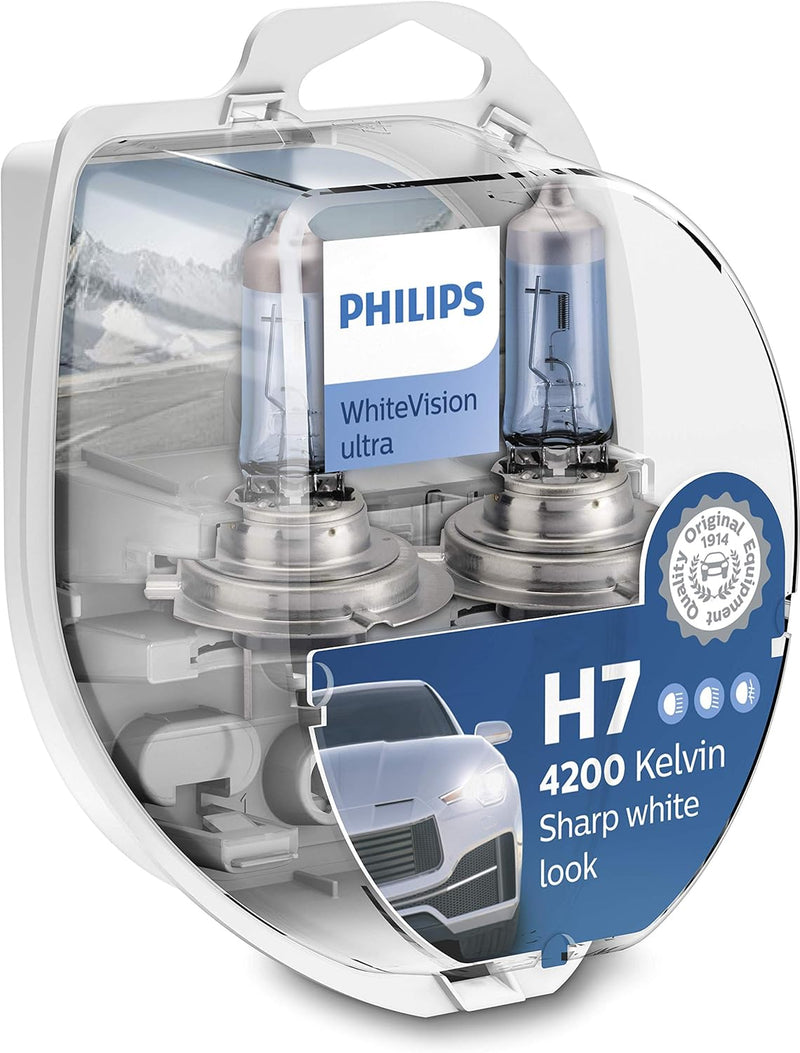 Philips Halogen, WhiteVision ultra H7 Scheinwerferlampe, 4.200K, Doppelset, Weiss Twin box H7, Twin