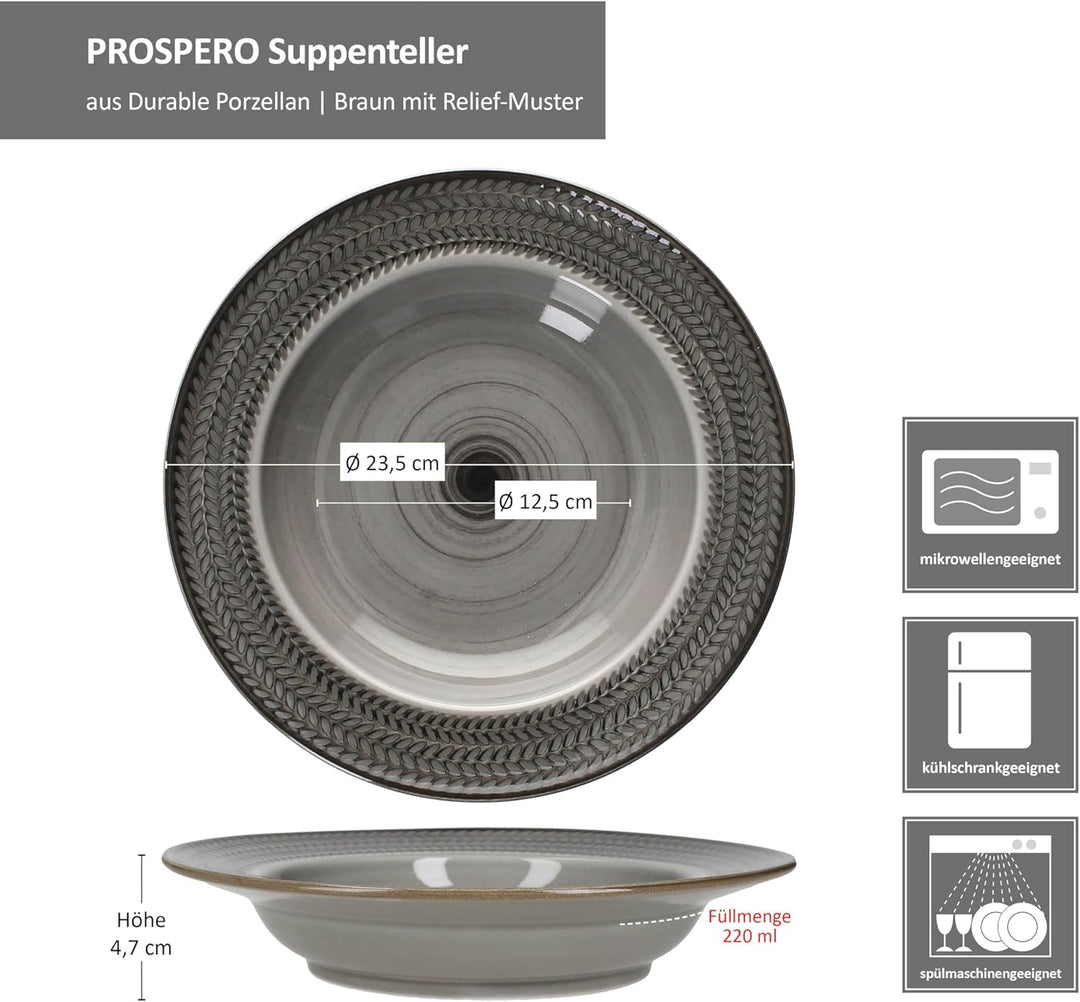 MÄSER Prospero 6er Set Suppenteller I 220ml I braune Porzellan-Teller mit Relief für 6 Personen I Ti