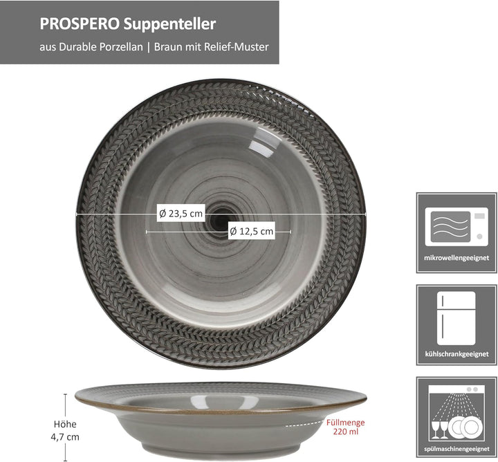 MÄSER Prospero 6er Set Suppenteller I 220ml I braune Porzellan-Teller mit Relief für 6 Personen I Ti