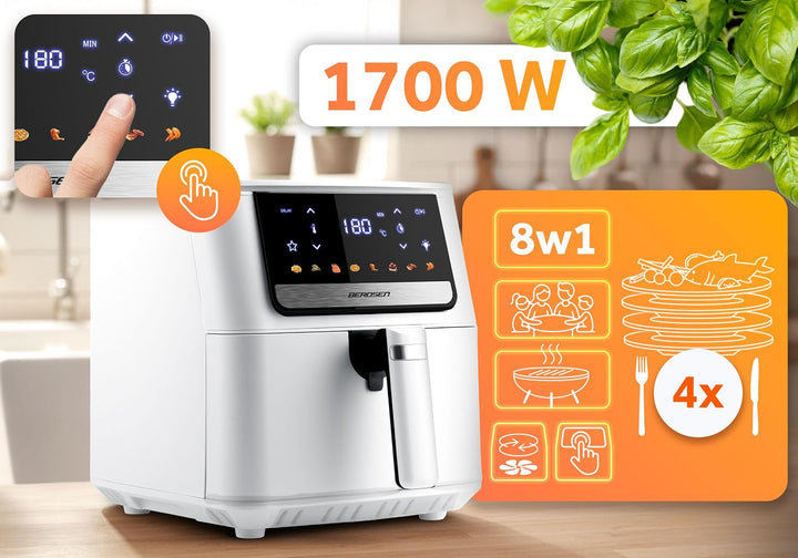 Berdsen Airfryer Heissluftfritteuse - 1700 W 6,5 l - Fritteuse - 8 Programme Touchscreen - Weiss, We