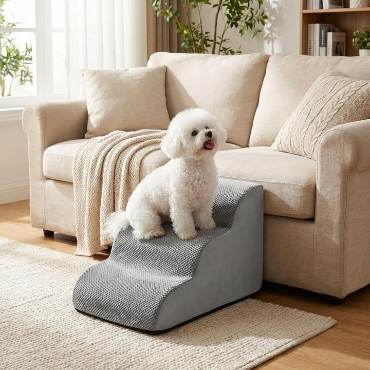 QWORK® Graue Hundetreppe, 3-Stufig, 60x40x40cm, Hochdichtem Schwamm, Abnehmbarem Waschbaren Hundetre