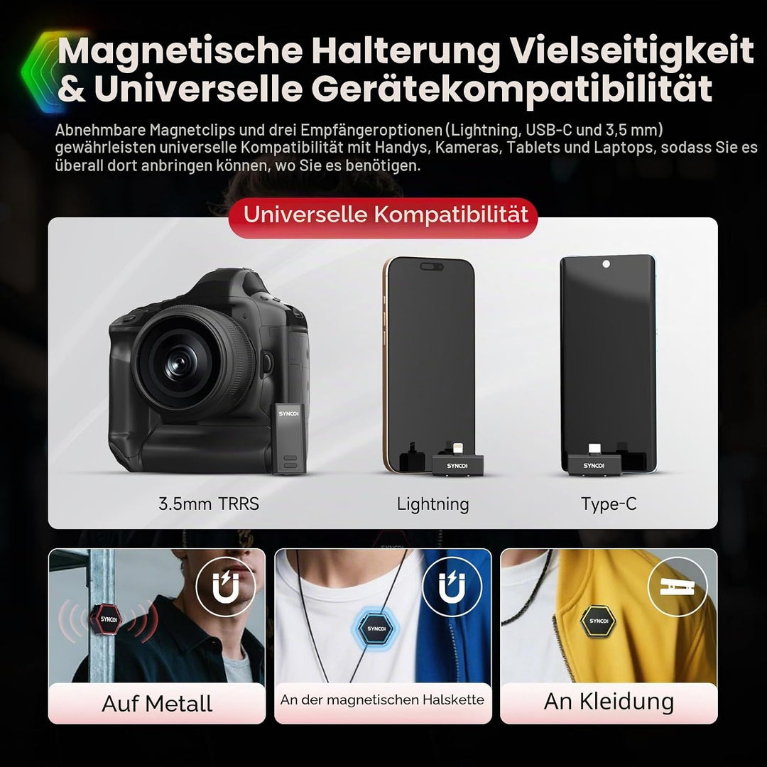 SYNCO G4 Wireless Lavalier Mikrofon kabelloses Mikrofons, 2.4 GHz mit 200 m Reichweite 2,0 Geräuschu