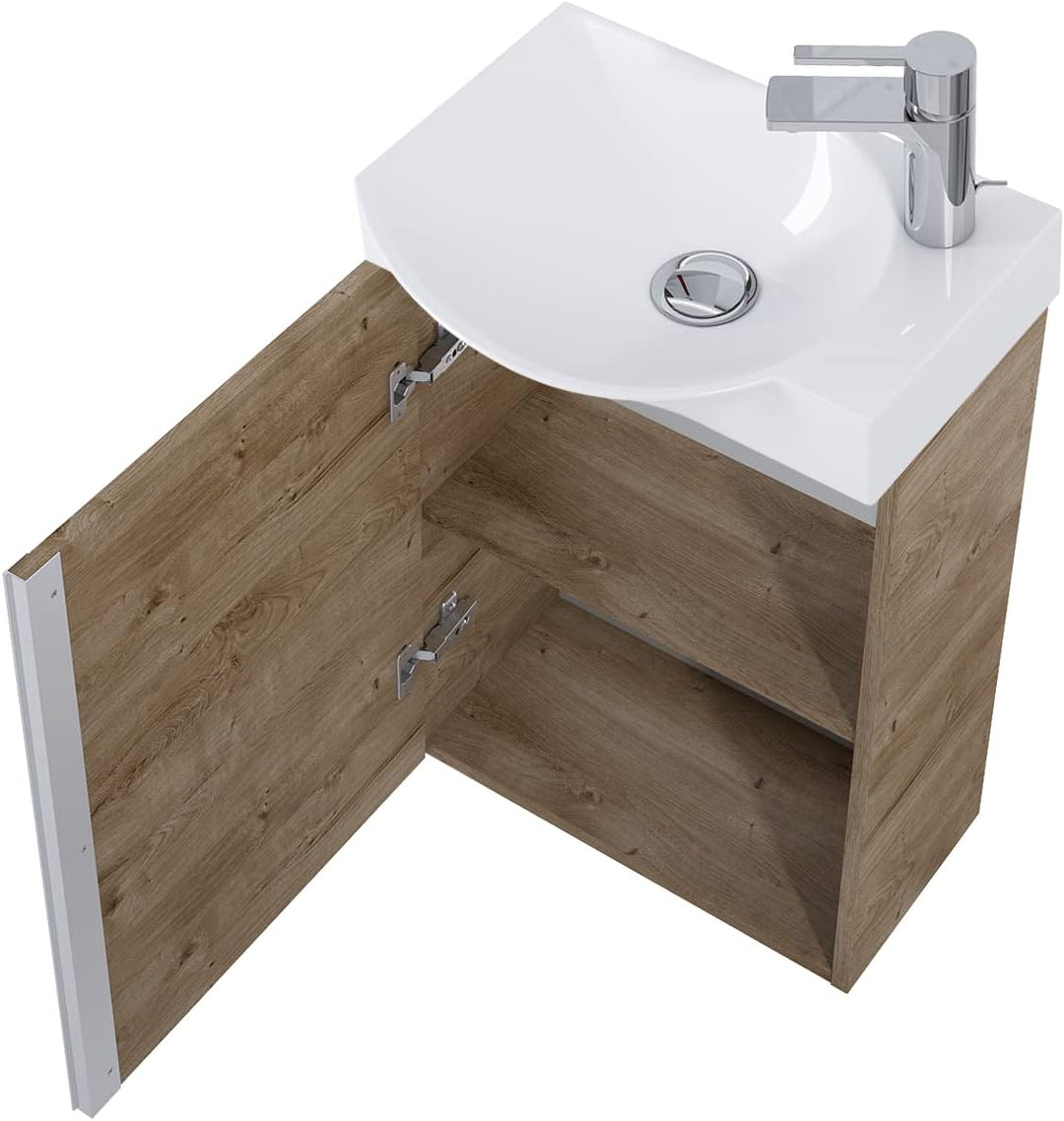 VBChome Badmöbel Set 45 cm Weiss Waschbecken mit Eiche Hängeschrank Waschtisch 1-Türen Soft-Close Se