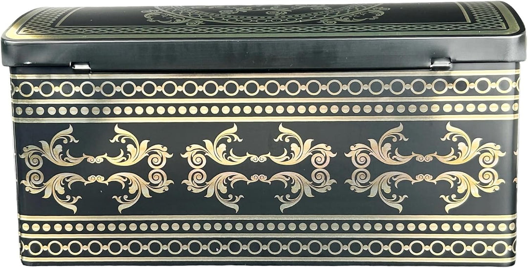 Grosse Ornament Truhe - schwarze Stollendose mit goldfarbenen Ornamenten - lebensmittelecht - Aufbew