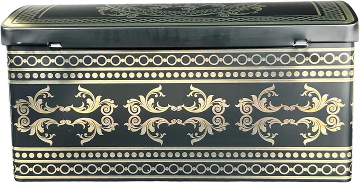 Grosse Ornament Truhe - schwarze Stollendose mit goldfarbenen Ornamenten - lebensmittelecht - Aufbew
