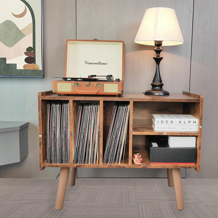 Record Player Stand with 4 Cabinet Holds Up to 220 Albums, Mid-Century Record Player Table, Black Vi