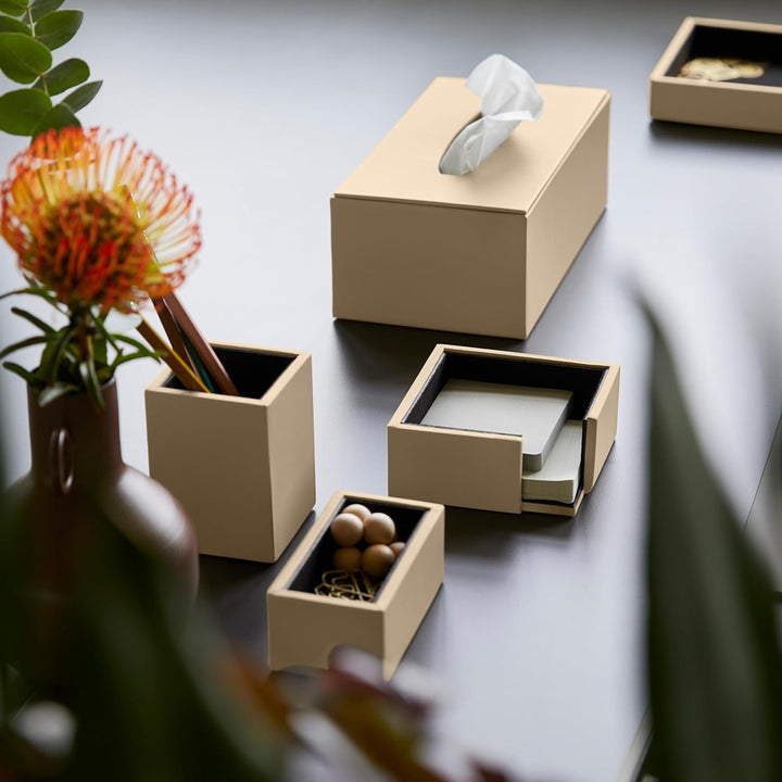 Eglooh - Minerva - Notizzettel Box Leder Beige - Zettelbox, Notizklotz, Zettelkasten für Schreibtisc