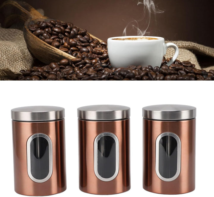 3 Stück Luftdichter Kaffeebehälter aus Edelstahl mit Transparentem Fenster | Set Kaffeedose, Vorrats