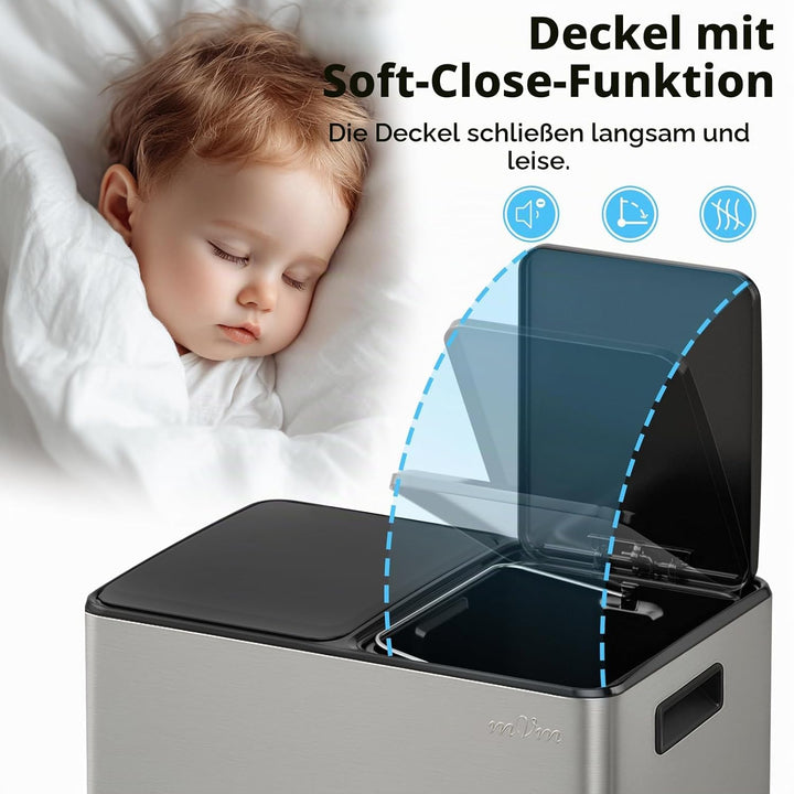 mVm Mülleimer Küche,40 Liter Treteimer,2x20L Doppelter Abfalleimer 2er-Mülleimer Mülltrennung mit In