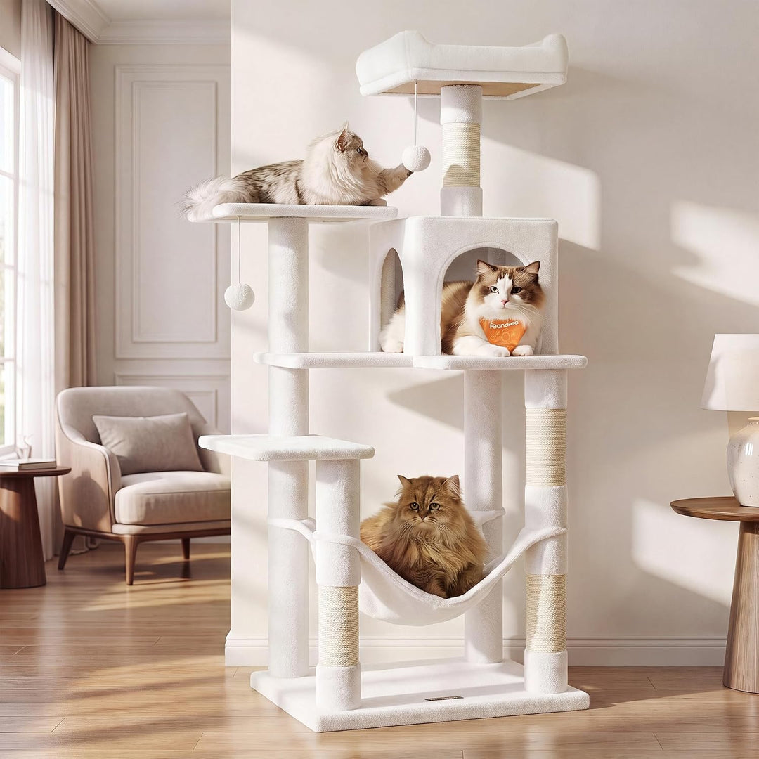 Feandrea Katzenkratzer 140 cm, plüschige mehrstöckige Wohnung mit 4 Kratzen, 2 Becken, Hängematte, H