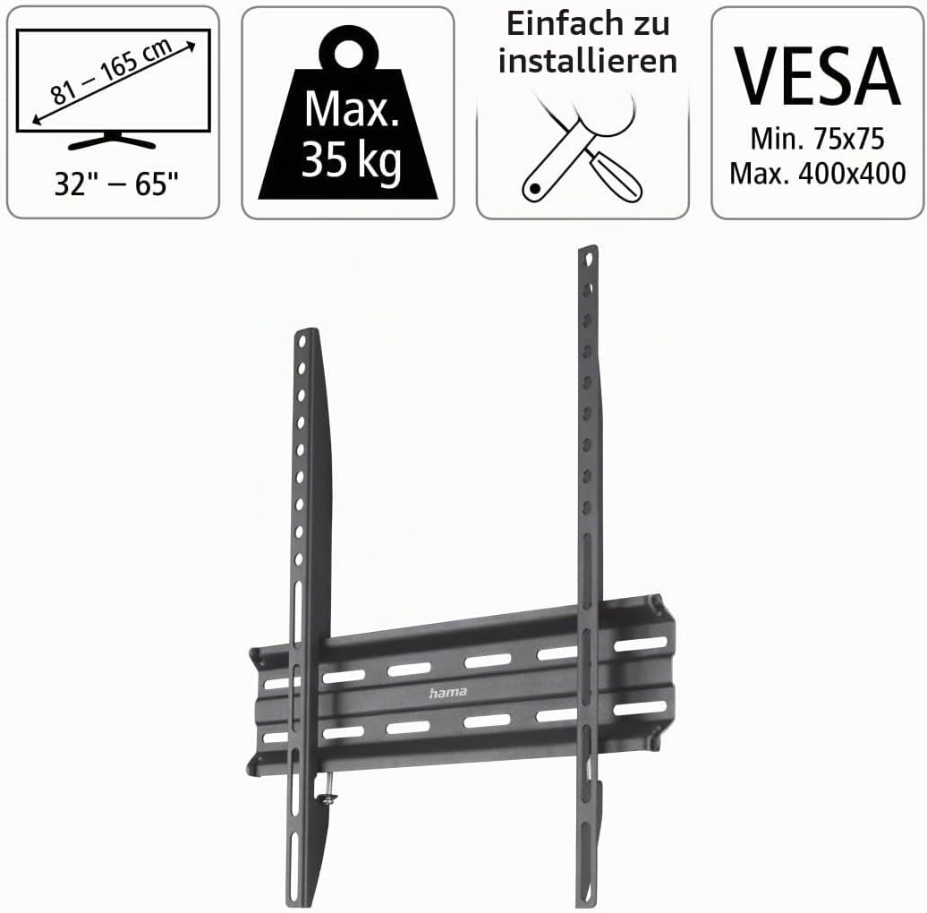 Hama TV Wandhalterung (TV Wandhalterung 65 Zoll, VESA 75x75 bis VESA 200x200, bis 35 kg, Wandabstand