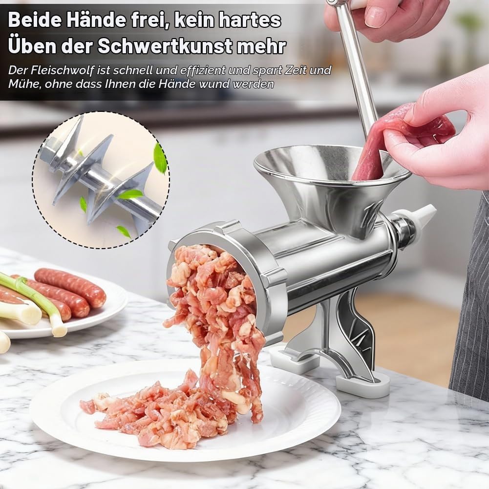 CEWROM Manuell Fleischwolf Edelstahl mit Wurstfüller und Tischklemme für Schweinefleisch, Wurstfülle