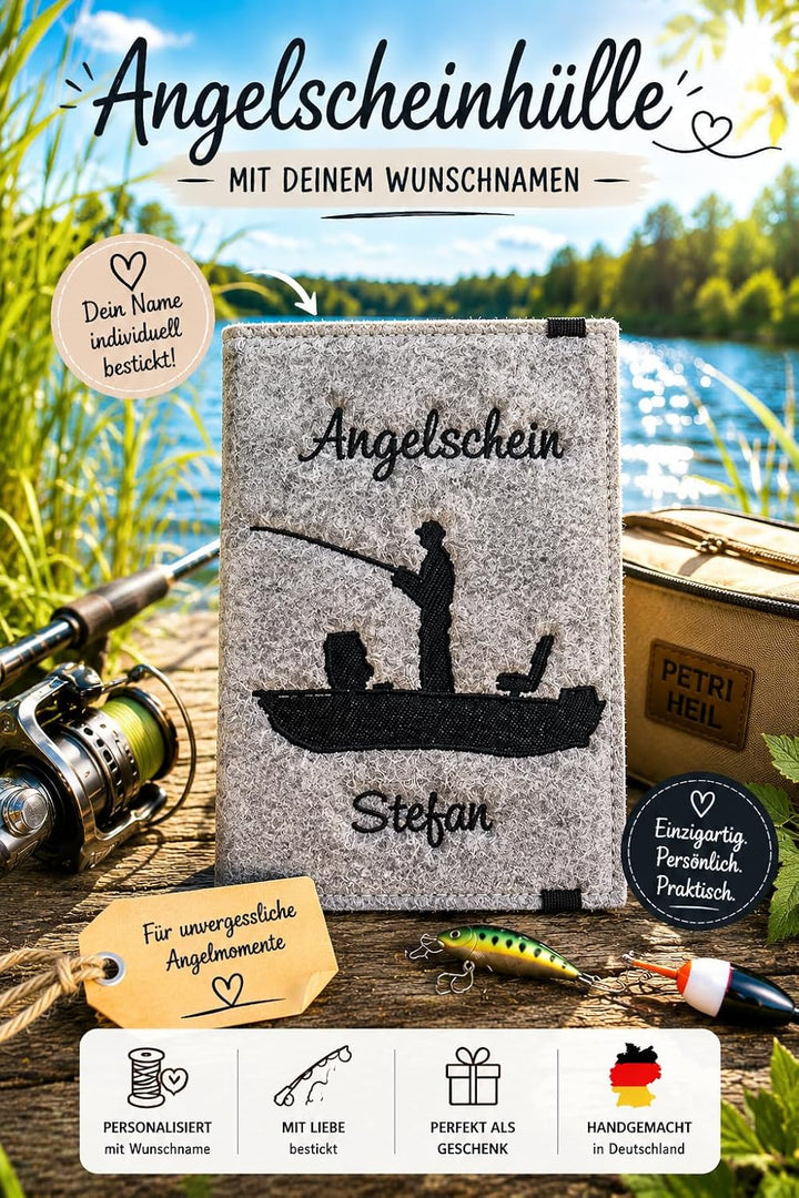 Personalisierte Angelscheinhülle Filz mit Name | Angelpass Hülle