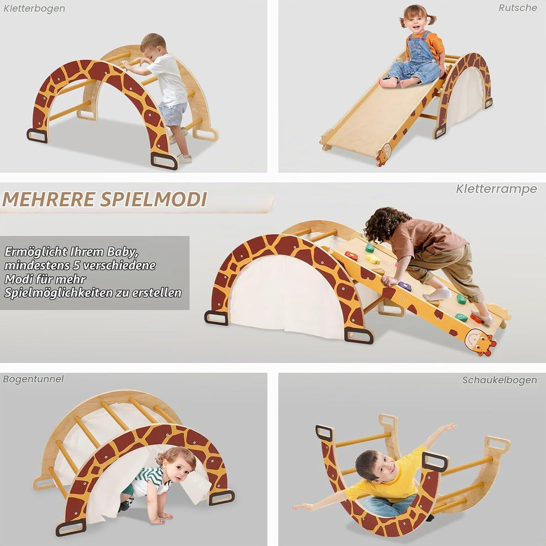Klettergerüst Indoor mit Bogen, Rutsche, Schaukelstuhl, 4-in-1 Montessori Kletterbogen für Kleinkind
