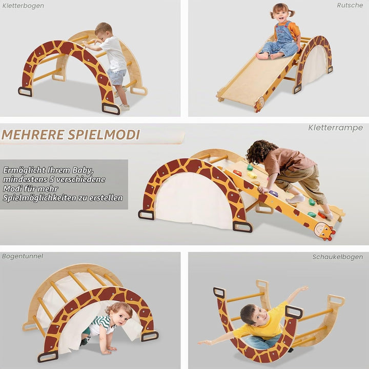 Klettergerüst Indoor mit Bogen, Rutsche, Schaukelstuhl, 4-in-1 Montessori Kletterbogen für Kleinkind