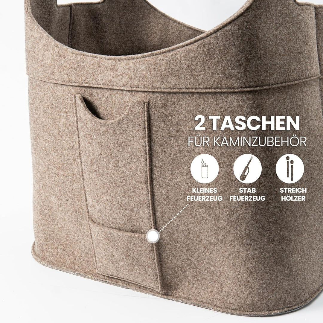 Filz Holzkorb für Kaminholz Gross [40 L] mit Echtholzhenkeln (Eiche) Plegeleichter Boden - Made in G