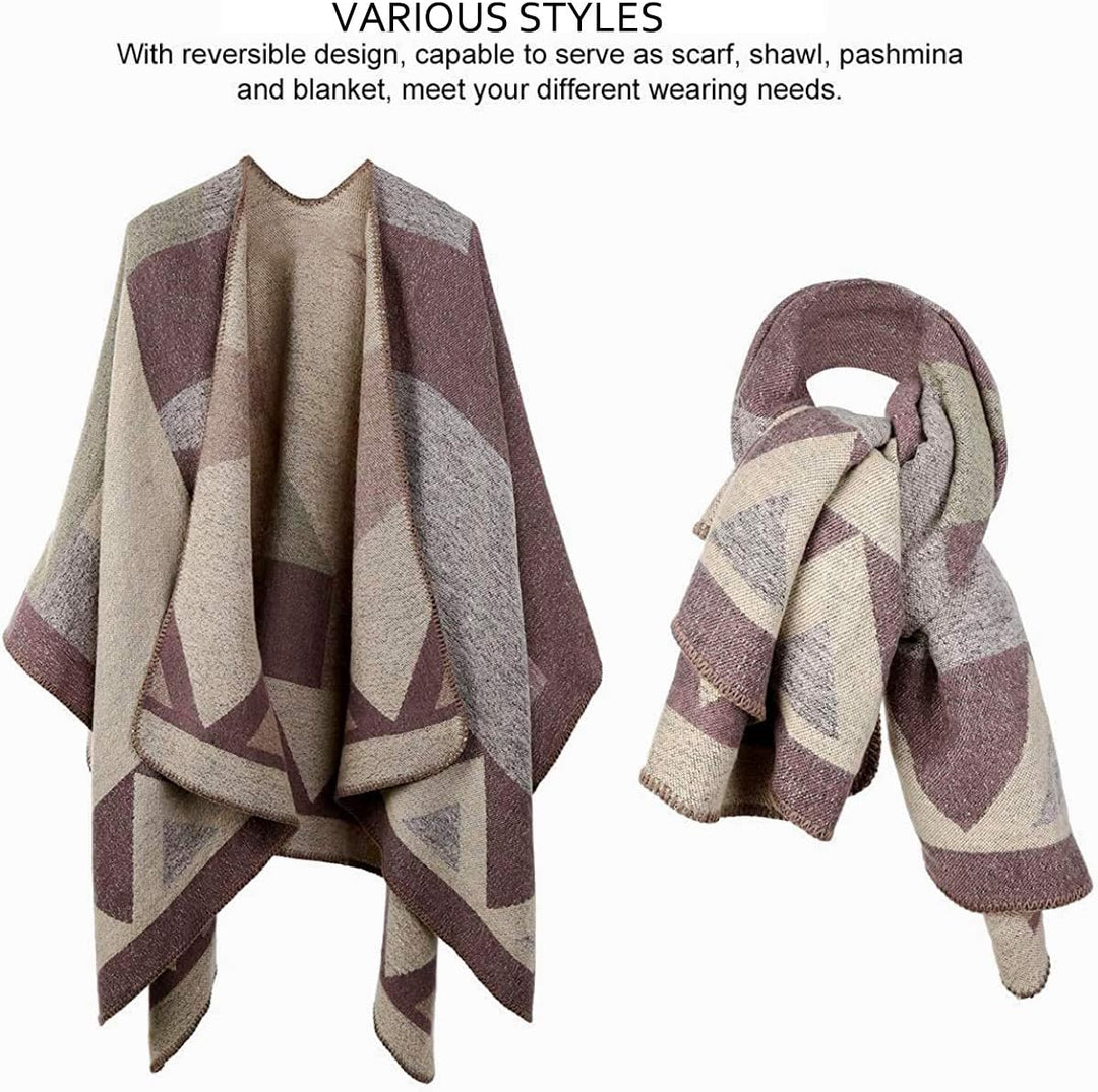 Shmily Girl - Damen Poncho Habe Gestrickt Überdimensionalen Decke Kap-Schal A - Beige Blockfarbe, A