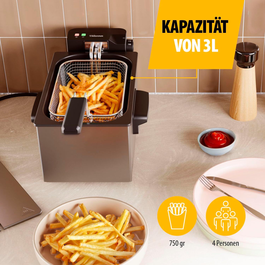 Tristar Edelstahl-Fritteuse, 3L Kapazität, Temperaturregelung bis 190°C, Kaltzone, Spülmaschinengeei