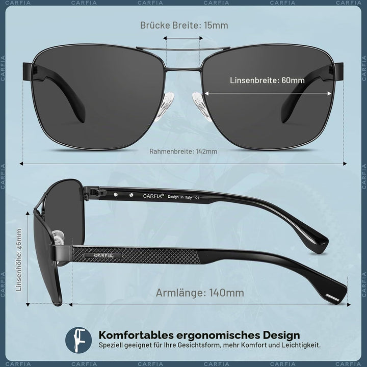 CARFIA Pilotenbrille Sonnenbrille Herren UV400 polarisierte Sportbrille mit ultraleichtem Metallrahm