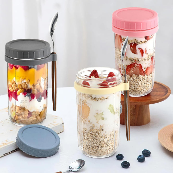4 Stück Glas Müslibecher to go mit Deckel und Löffel, 600ml Overnight Oats Gläser Mason Jars mit Mes