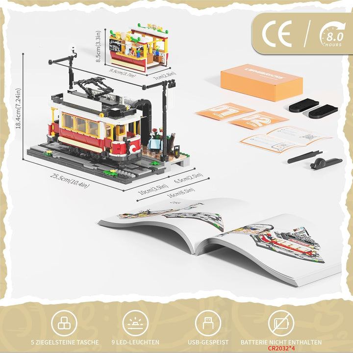Lumibricks Heritage-Strassenbahn und -Haltestelle Bausatz mit Licht, Vintage-Dekor,kompatibel mit Mo