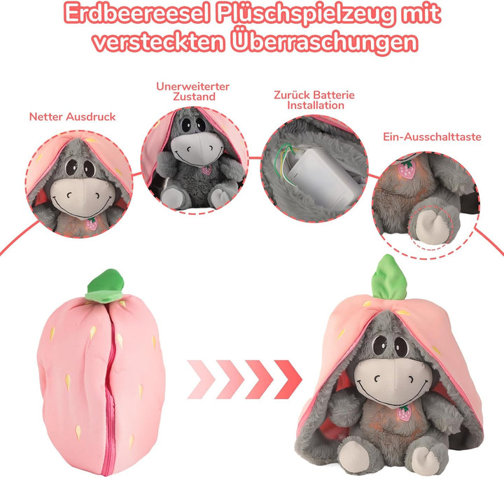 Atmendes Kuscheltier Esel - Schlummer Kuscheltier Erdbeeresel, Atmender Esel mit Musik und Atembeweg