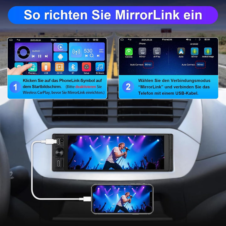 1Din Car Radio with Wireless Carplay &amp; Android Auto, Bluetooth Autoradio 1Din mit 6,28 Zoll HD IPS B