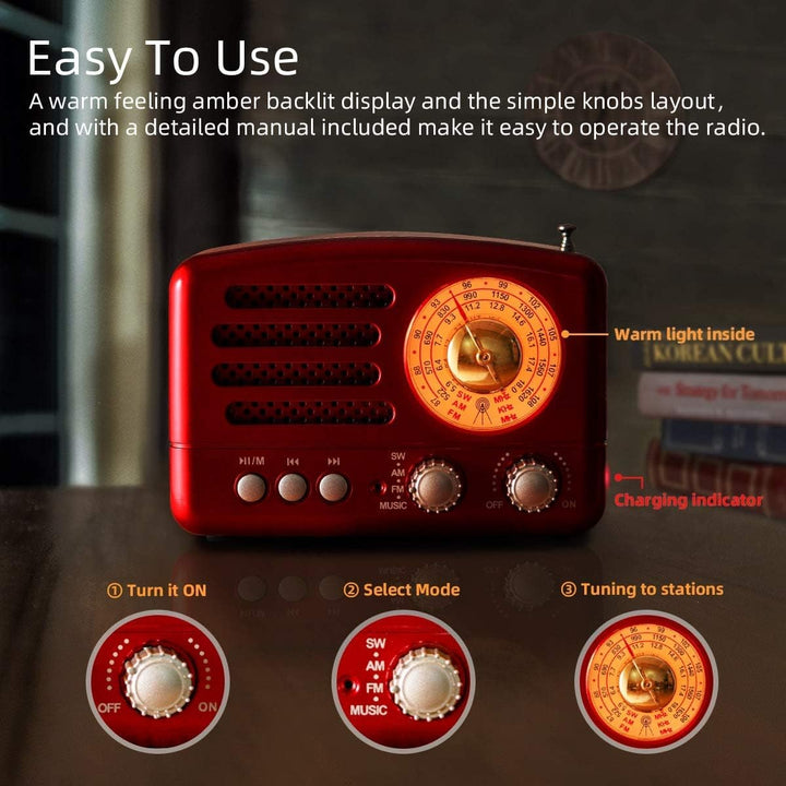 PRUNUS J-160 AM/FM/SW Retro Radio mit Bluetooth, Nostalgie Radio Klein mit 1800mAh Wiederaufladbare
