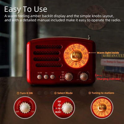 PRUNUS J-160 AM/FM/SW Retro Radio mit Bluetooth, Nostalgie Radio Klein mit 1800mAh Wiederaufladbare