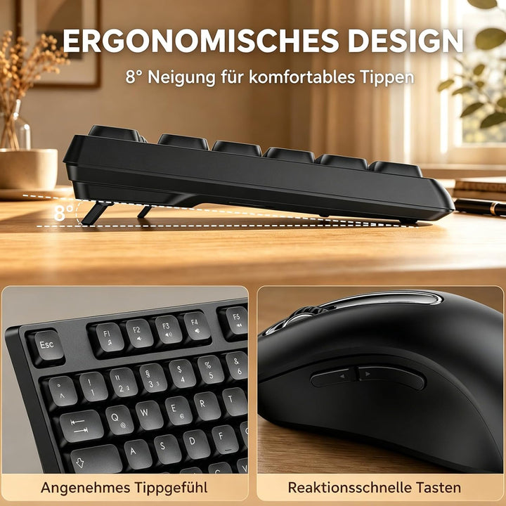QWERTZ Kabelloses Tastatur Maus Set, Full Size 105-Tasten Tastatur mit Nummernblock, 2.4GHz Funk mit