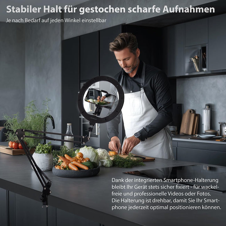 Somikon iPhone Dokumentenscanner: 4er-Set Dokumentenscanner- &amp; Overhead-Stative, 10"-Ringlicht, Ausl