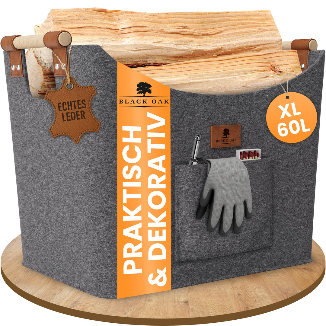BLACK OAK Montana XL 60L Filzkorb &amp; Holzkorb für Kaminholz - Leder Applikation + rutschfeste Griffe