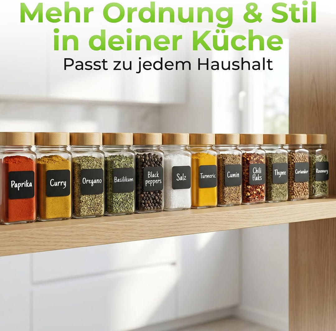 Gewürzgläser Set 24er, 120 ml, eckig mit Bambusdeckel &amp; Streueinsatz – inkl. Etiketten, Marker, Tric