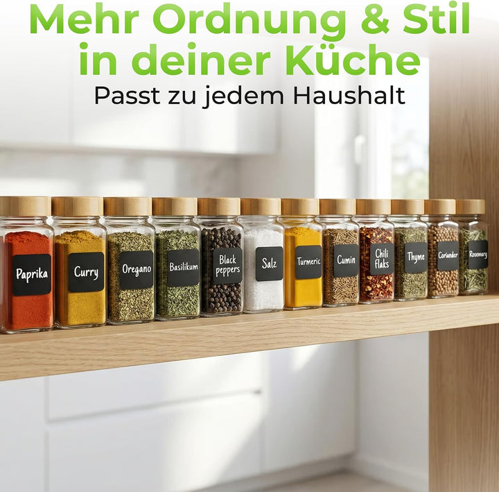 Gewürzgläser Set 24er, 120 ml, eckig mit Bambusdeckel &amp; Streueinsatz – inkl. Etiketten, Marker, Tric