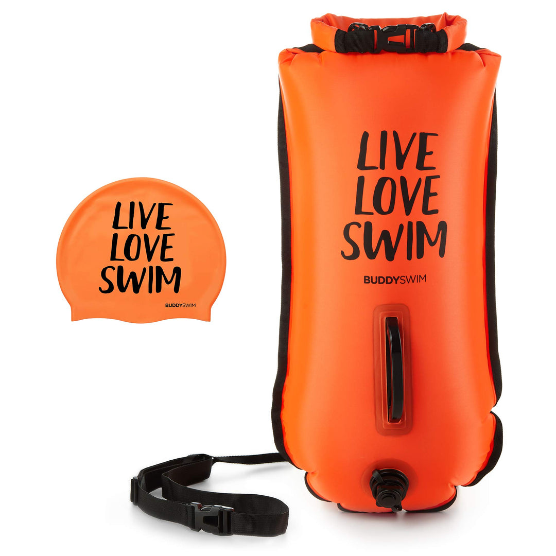 Buddyswim Set aus Freiwasser-Schwimmboje 28 Liter und Badekappe. Sicherheitsboje zum Schwimmen im of