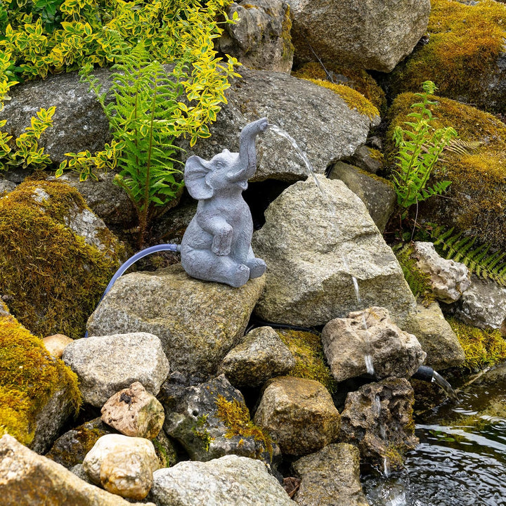 Esotec Solar Wasserspeier Set sitzender Elefant LUMI, H=17,5cm, Wasserspiel mit Teichpumpe 250l/h, S