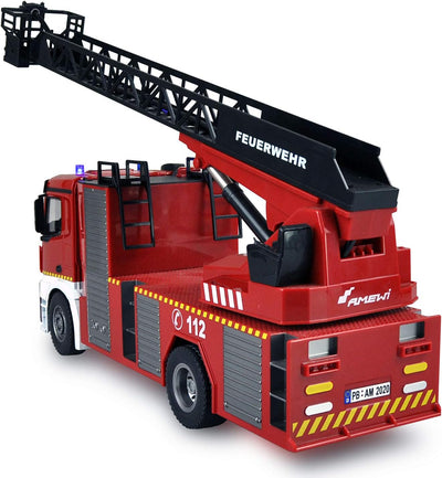 Amewi 22502 Mercedes-Benz Feuerwehr Drehleiterfahrzeug 1:18, RTR, Lizenzfahrzeug, Rot/Weiss