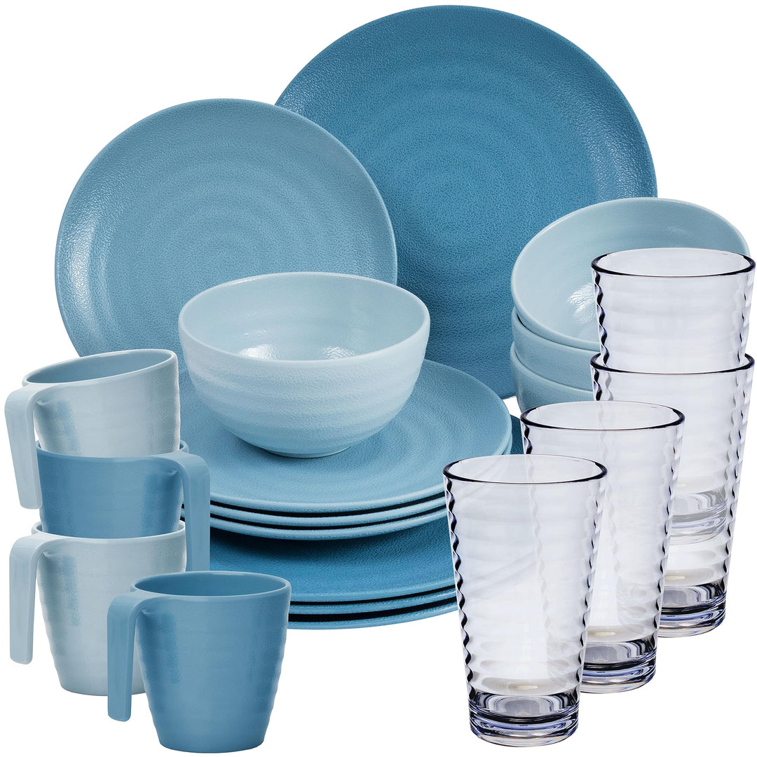 Melamin Geschirr Set 20 Teile elegante Steingut Optik in blau mit Wasserglas 400ml klar - für 4 Pers