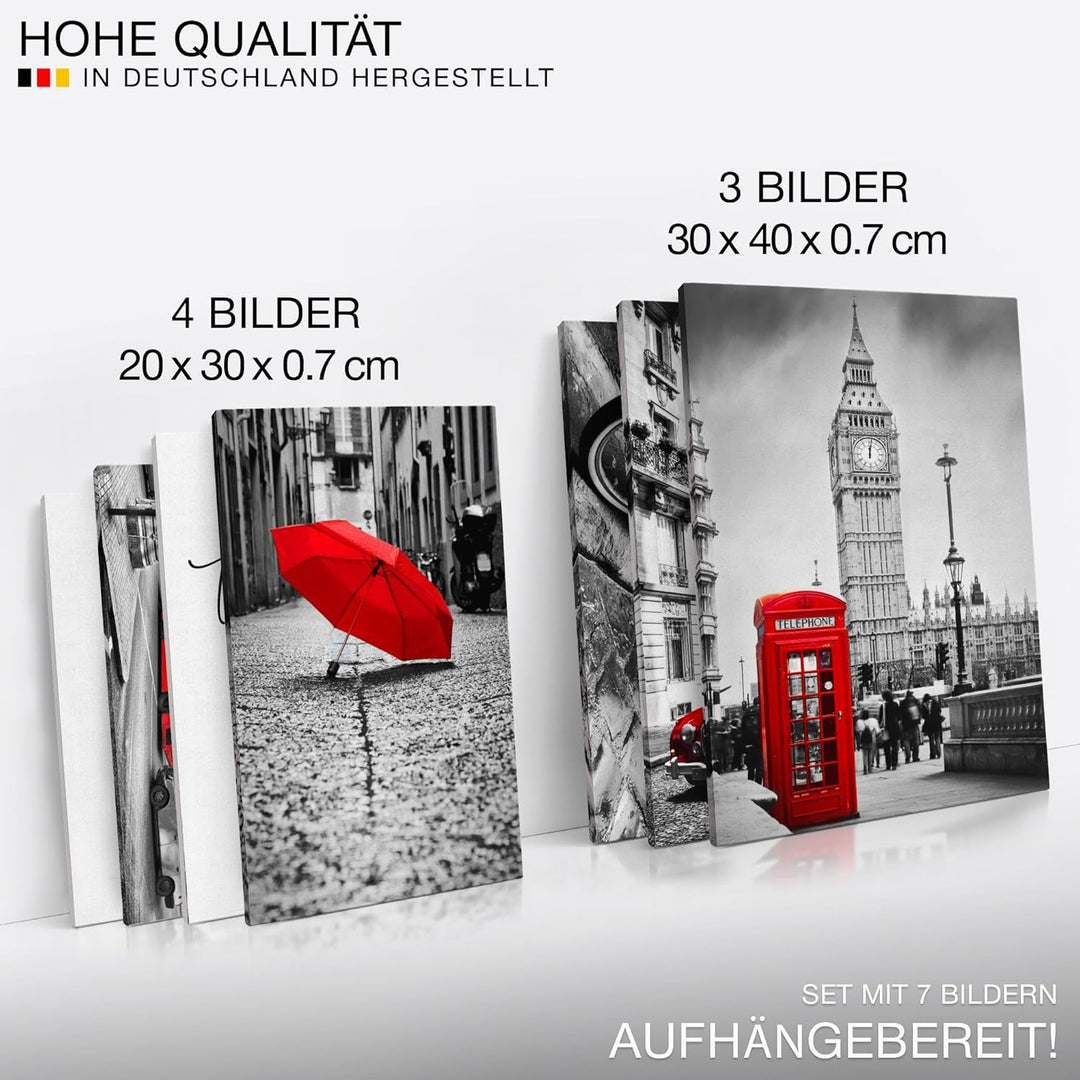 Novart Wandbilder London Paris Städte - KOMPLETT AUFHÄNGFERTIG - Schwarz Rot Wohnzimmer Schlafzimmer