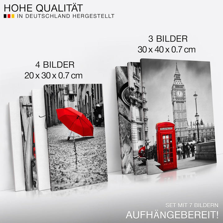 Novart Wandbilder London Paris Städte - KOMPLETT AUFHÄNGFERTIG - Schwarz Rot Wohnzimmer Schlafzimmer
