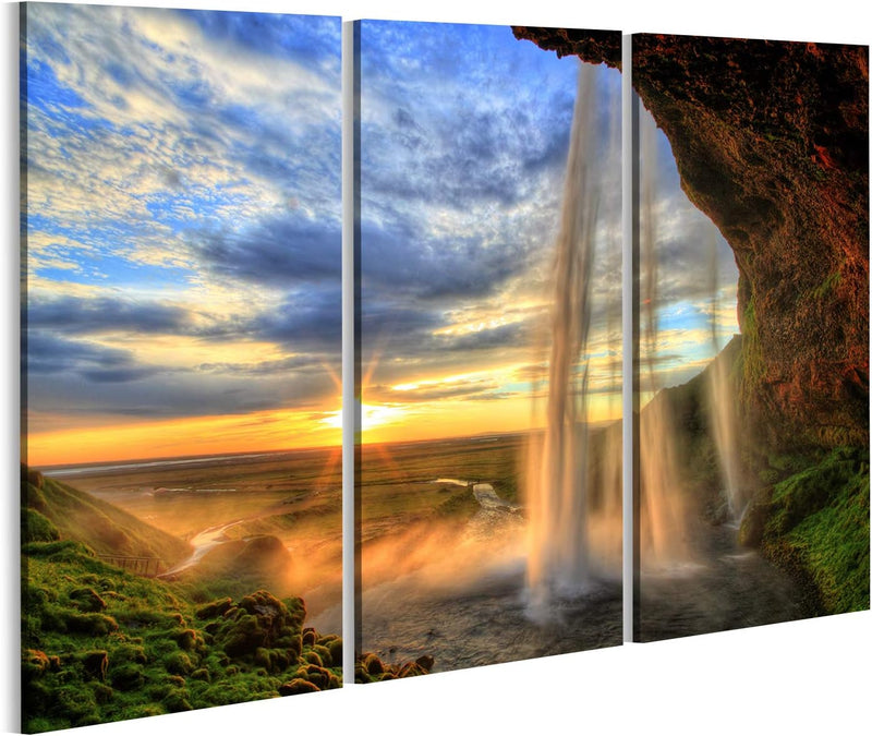 Bild auf Leinwand Seljalandfoss Wasserfall Bei Sonnenuntergang In HDR Island Wandbild Poster Kunstdr