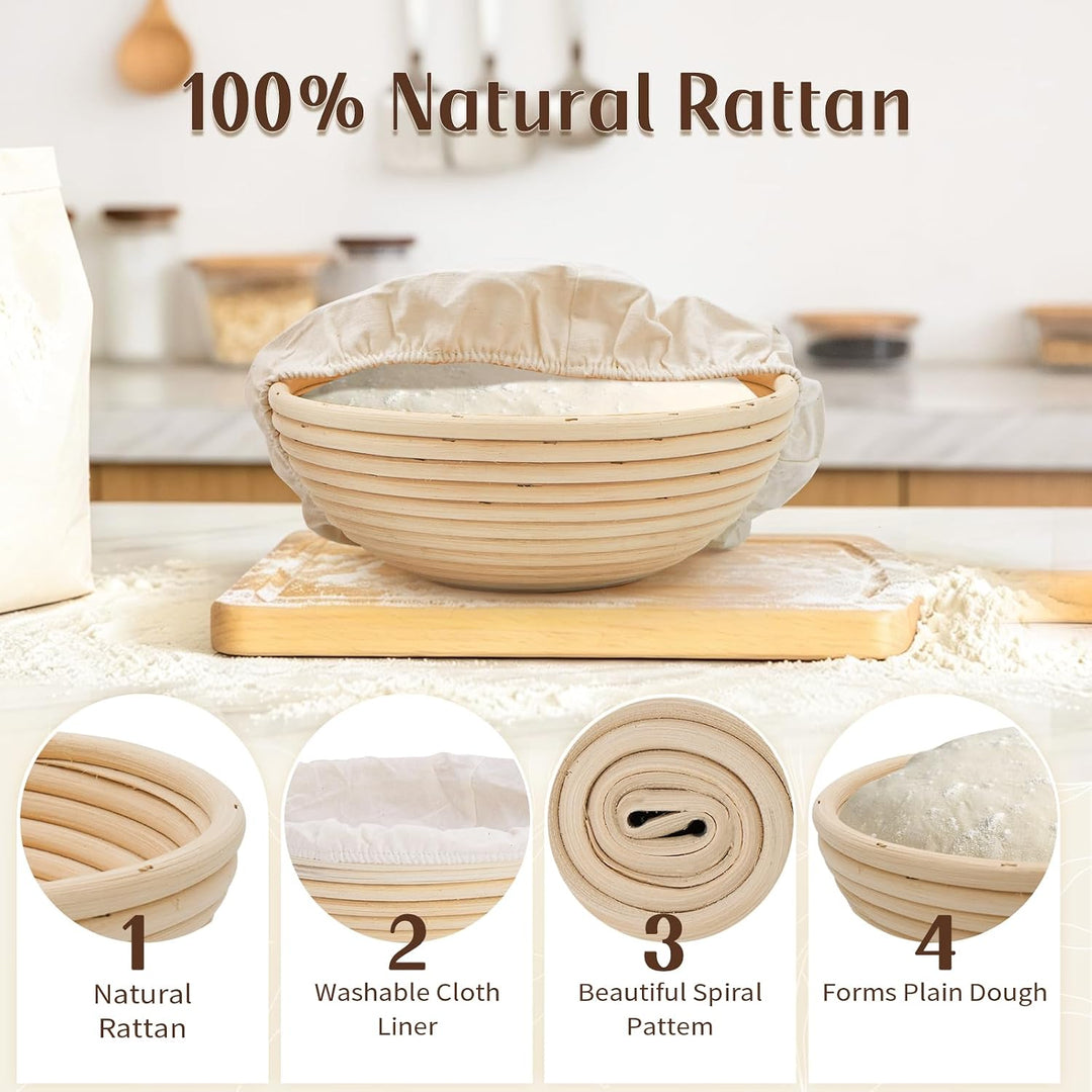 Rattan Gärkörbchen Set, Sauerteig Starter Set, 2x 9 Zoll Rundes Brotgärkörbchen mit Leinen-Einsätzen