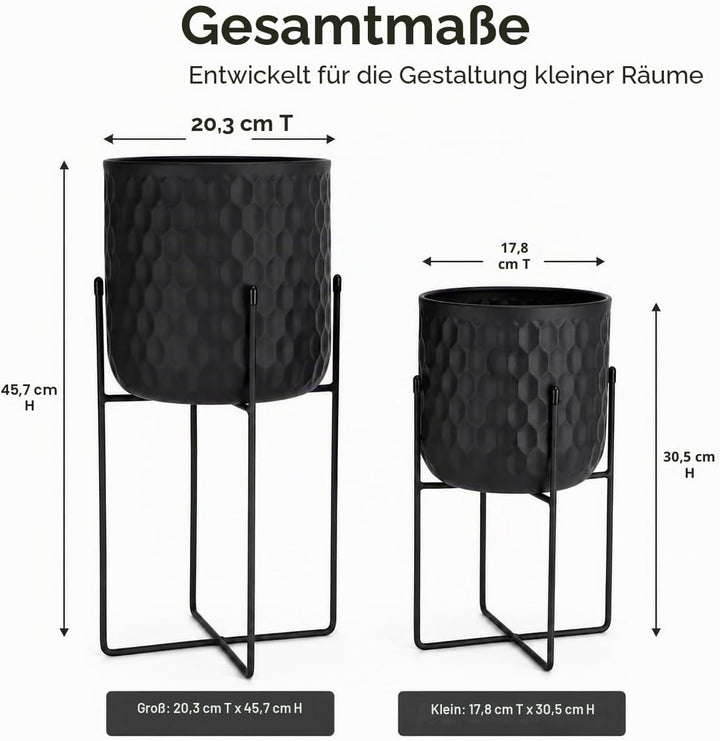 TRIROCKS Set von 2 Pflanzgefässen mit Ständer Innen Aussen Metall Pflanzenständer 45 & 31 cm hoch Mo