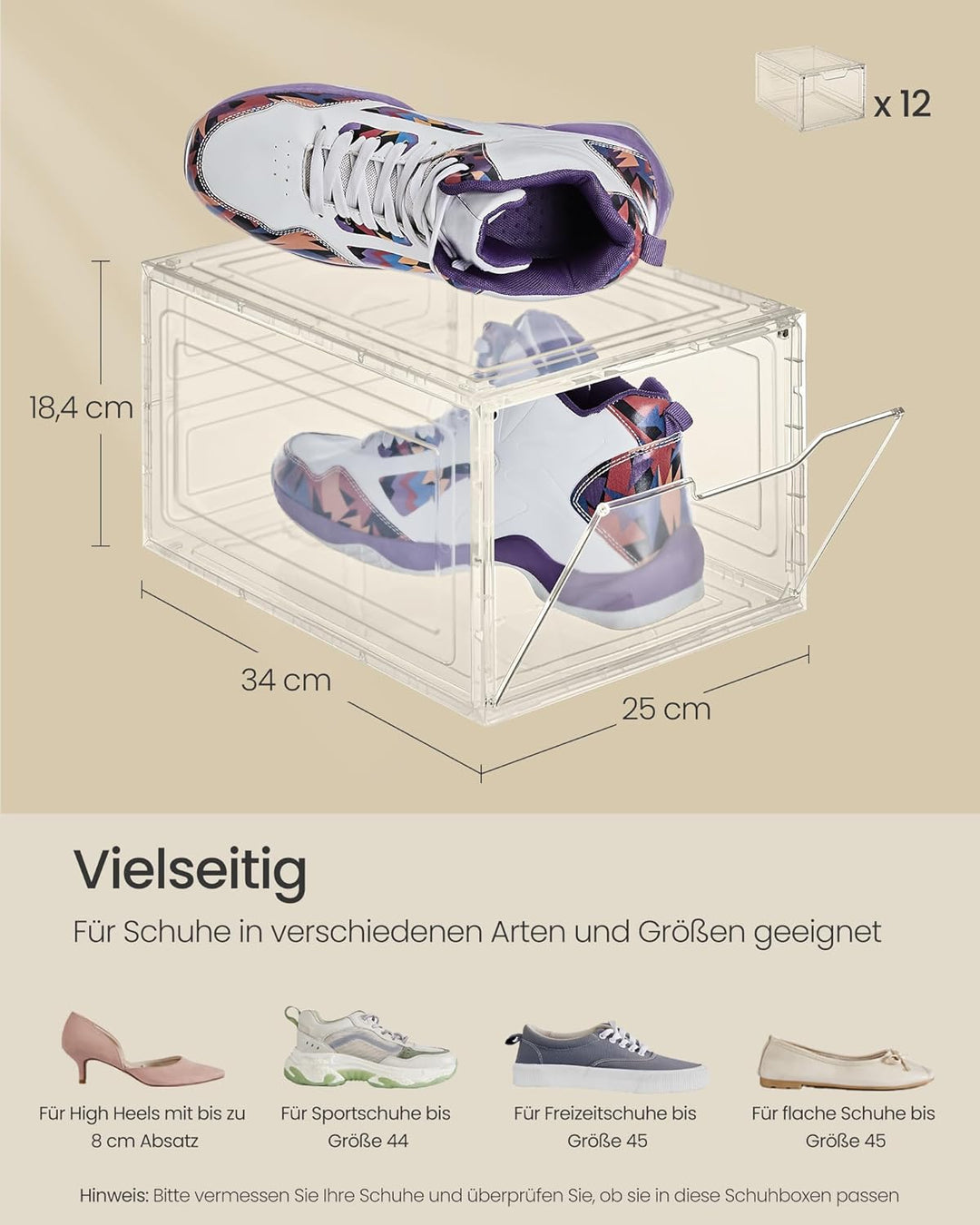 SONGMICS Schuhboxen, Schuh-Organizer aus Kunststoff, mit Tür, durchsichtig, Kunststoffboxen, 12er Se