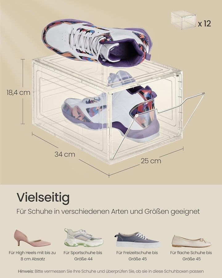 SONGMICS Schuhboxen, Schuh-Organizer aus Kunststoff, mit Tür, durchsichtig, Kunststoffboxen, 12er Se