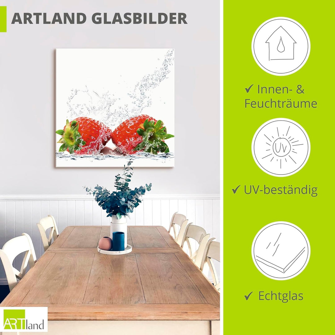 ARTland Glasbilder Wandbild Glas Bild einteilig 50x50 cm Quadratisch Früchte im Wasser Obst Erdbeere