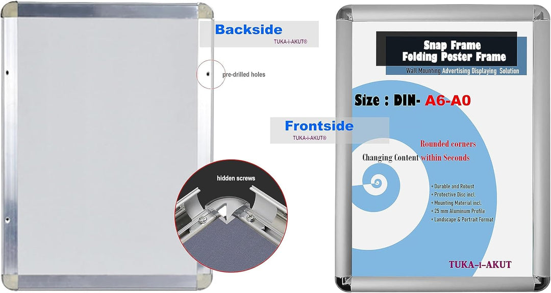 TUKA-i-AKUT 5er Aluminium Klapprahmen DIN A1 | 25 mm Profil | Abgerundete Ecken | Schutzscheibe Befe