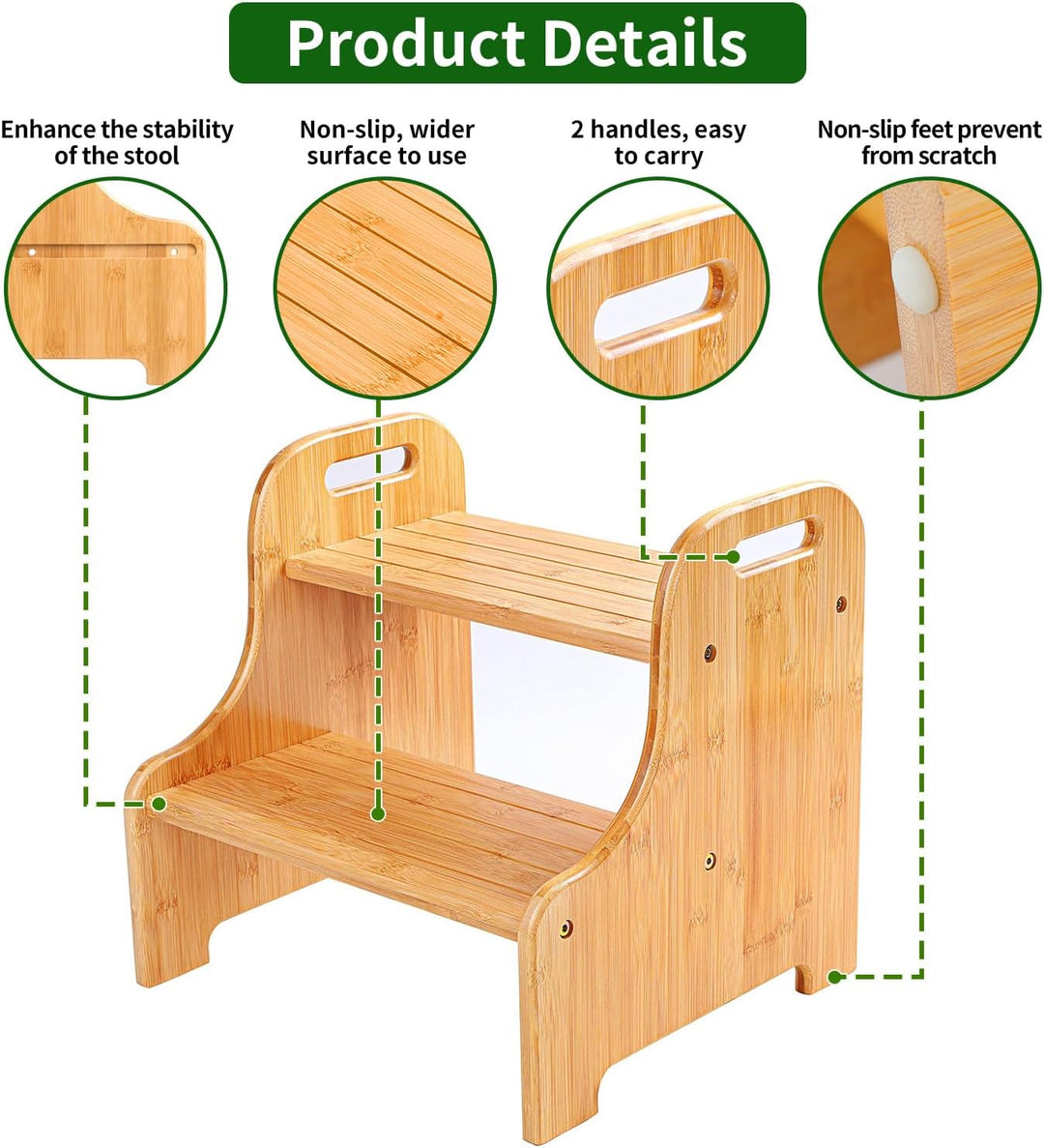 VaeFae Tritthocker aus Bambus, 2 Stufen, rutschfest, mit 2 Griffen Natural, Natural